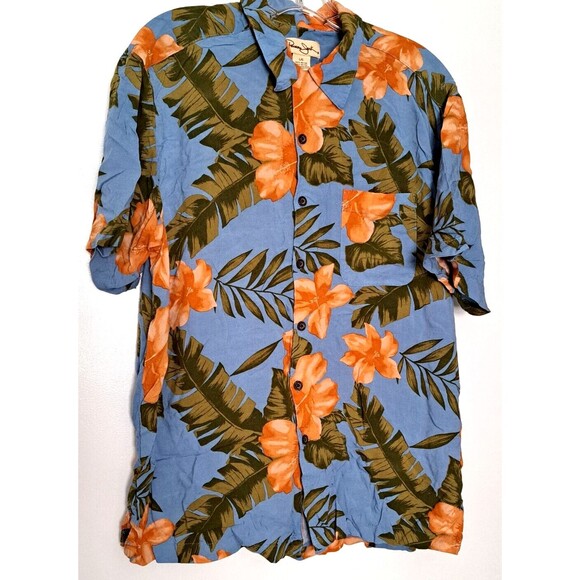 Panama Jack Blue Hawaiian Shirt w/ Orange Tropical Flowers Floral Size L Men's - Picture 1 of 9
